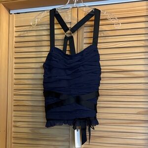 Anthropologie Navy Ruffled Bustier Top with Black Straps